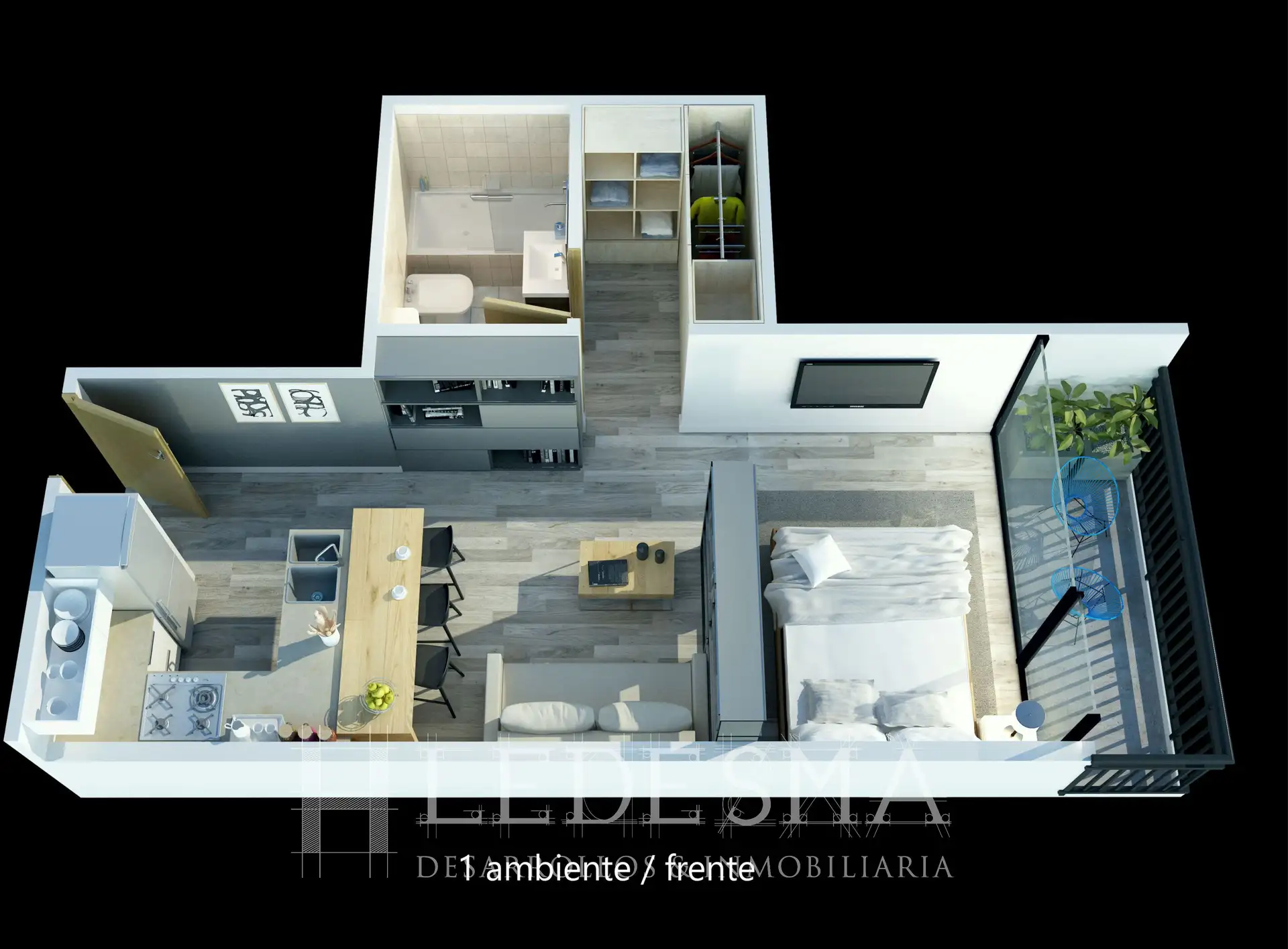 PASEO ALDREY/GUEMES Monoamb de 39 m2 con balcón. A ESTRENAR