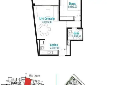 Departamento 2 ambientes con 1 baño