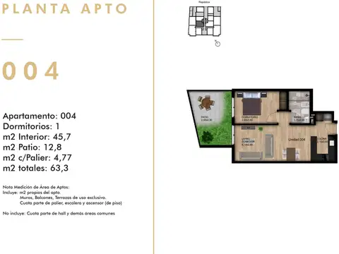 VENTA APARTAMENTO 1DORM PATIO C/ RENTA TRES CRUCES