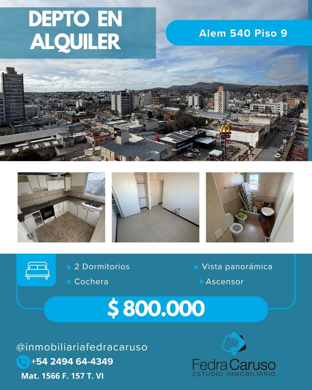 Departamento 3 ambientes con cochera en alquiler – Alem 540. Edificio Prestige.