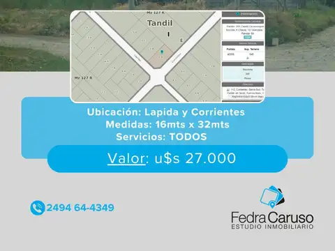 Lote en venta – Laprida y Corrientes – 16 x 32 – Todos los servicios.