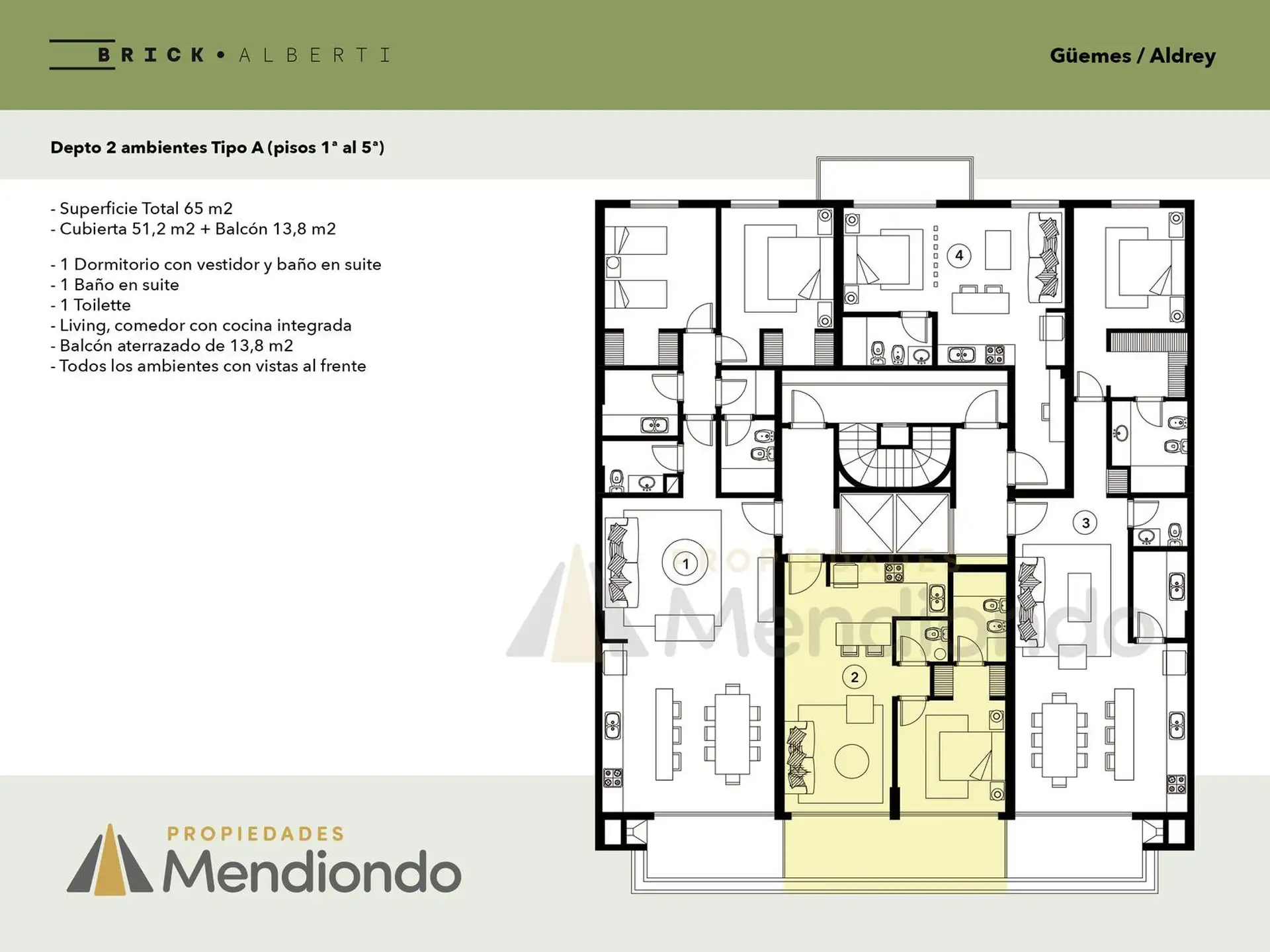 Depto 2 amb de 65m2 al frente con Balcón - Zona Güemes Aldrey