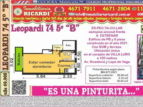 ES UNA PINTURITA - Pisito único al frente A ESTRENAR.