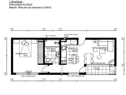 Departamento 2 ambientes con 1 baño