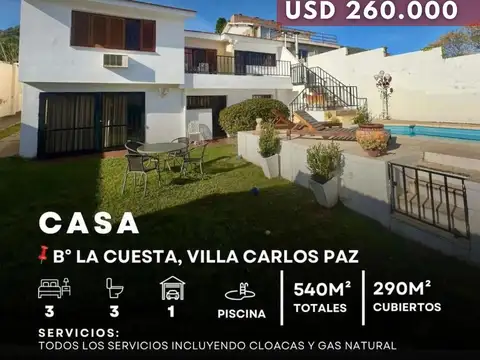 Venta Gran Casa 3 Dormitorios, Jardin Trasero/Delantero Y Pileta En B° La Cuesta - Villa Carlos Paz