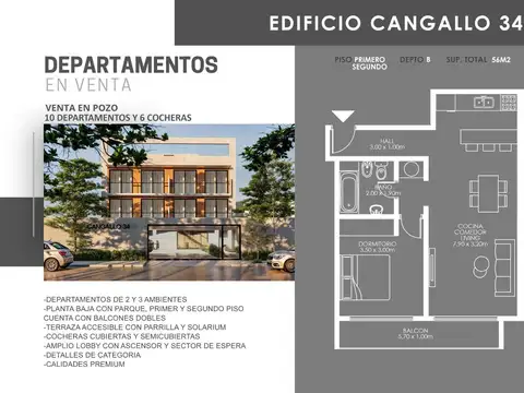 Departamento 2 ambientes con 1 baño