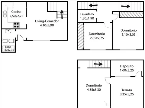 Depto Tipo Casa 3 ambientes con 1 baño