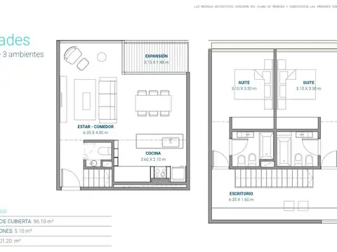 Departamento 3 ambientes con 2 baños