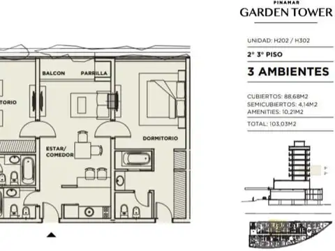 Departamento 3 ambientes con 2 baños