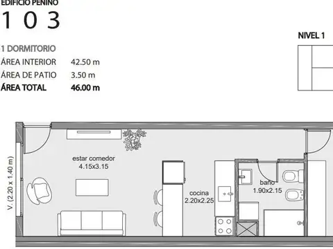 Departamento en Venta de 1 dormitorio