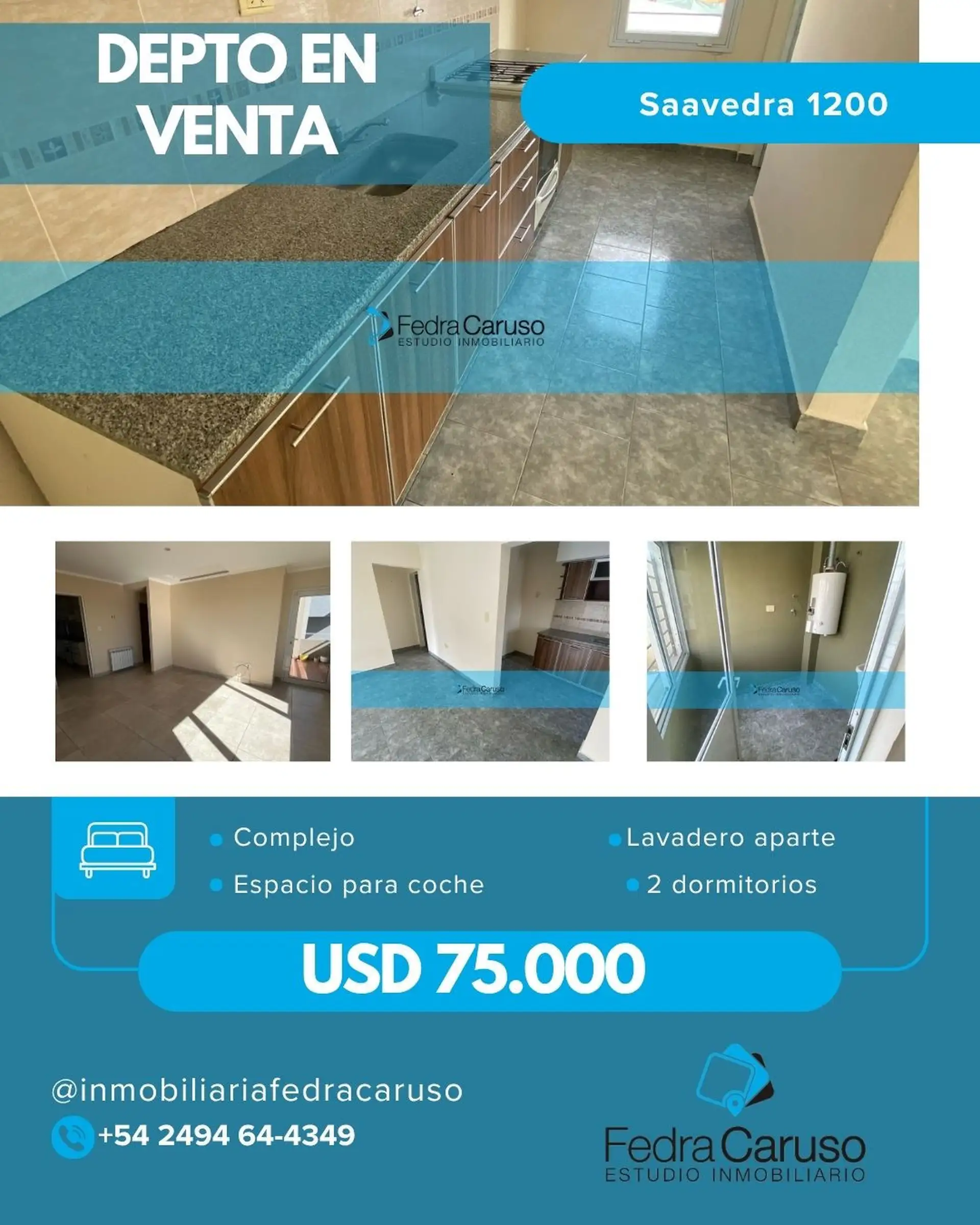 Depto 3 amb 60m², 2 dorm, 1 baño — 1er piso con acceso para auto (complejo)