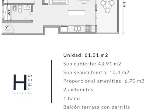 Departamento Monoambiente con 1 baño