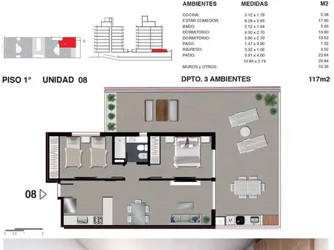 Departamento 3 ambientes con 2 baños