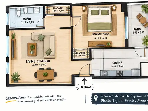 Departamento 2 ambientes con 1 baño