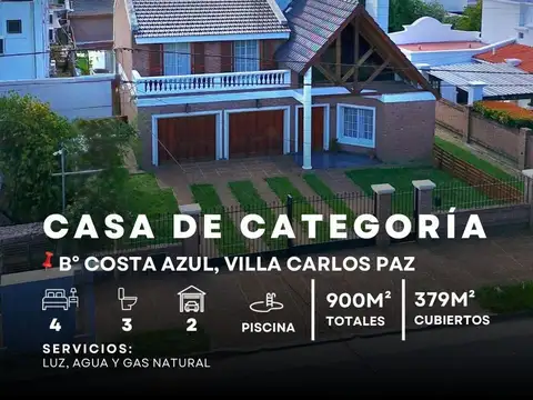 VENTA EXCLUSIVA PROPIEDAD DE 3 DOR, Y PISCINA. B° COSTA AZUL NORTE, VILLA CARLOS PAZ