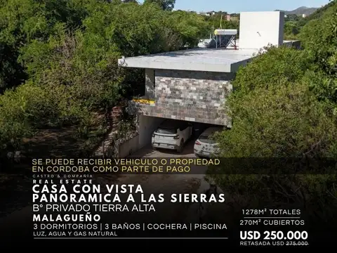 Venta Casa 3 Dormitorios Con Vista Panorámica, Pileta Y Cochera En Bº Cerrado Tierra Alta, Malagueño