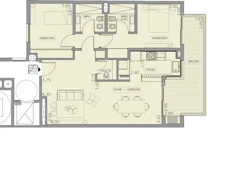 Departamento 3 ambientes con 2 baños