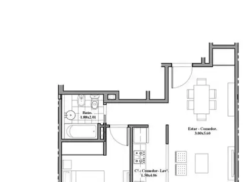 Departamento 2 ambientes con 2 baños