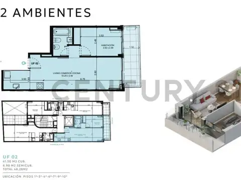 Departamento 2 ambientes con 1 baño