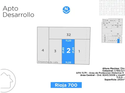 Terreno en Venta 11  mts Frente