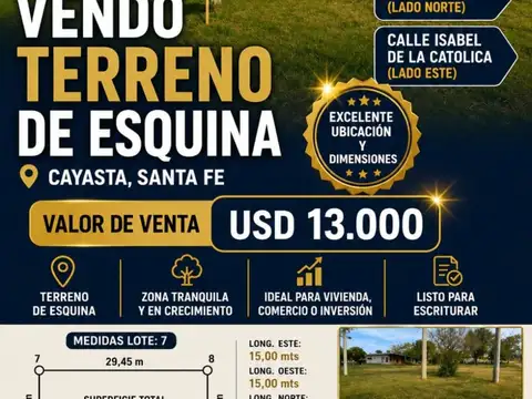 VENDO TERRENO  DE ESQUINA ,EXCELENTE UBICACION. CAYASTA,SANTA FE