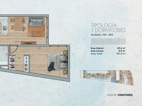 Departamento 2 ambientes con 1 baño