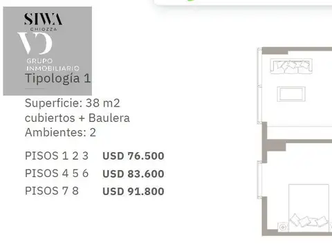 Departamento 2 ambientes con 1 baño