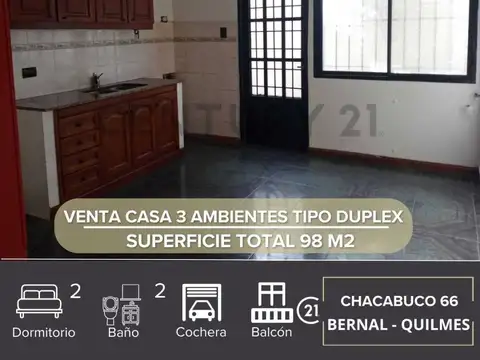 VENTA CASA 3 AMBIENTES TIPO DUPLEX - BERNAL
