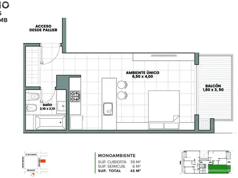 Departamento Monoambiente con 1 baño