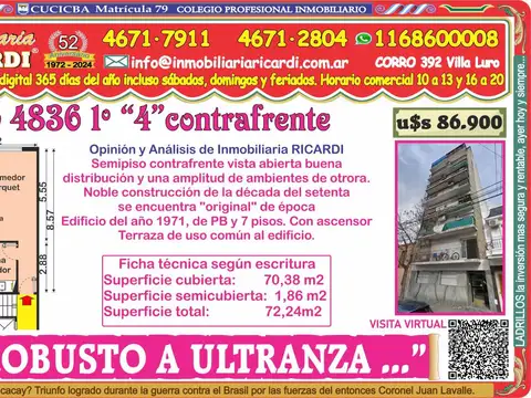 ROBUSTO A ULTRANZA  3 amb DE EPOCA semipiso contrafrente