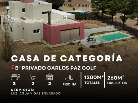 VENTA CASA DE 3 DOR CON PISCINA EN 1.200M² DE TERRENO EN COUNTRY CARLOS PAZ GOLF