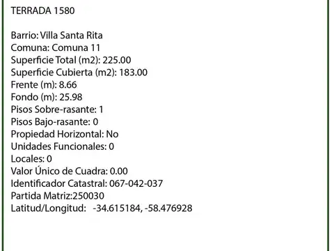 Terreno en Venta 9  mts Frente