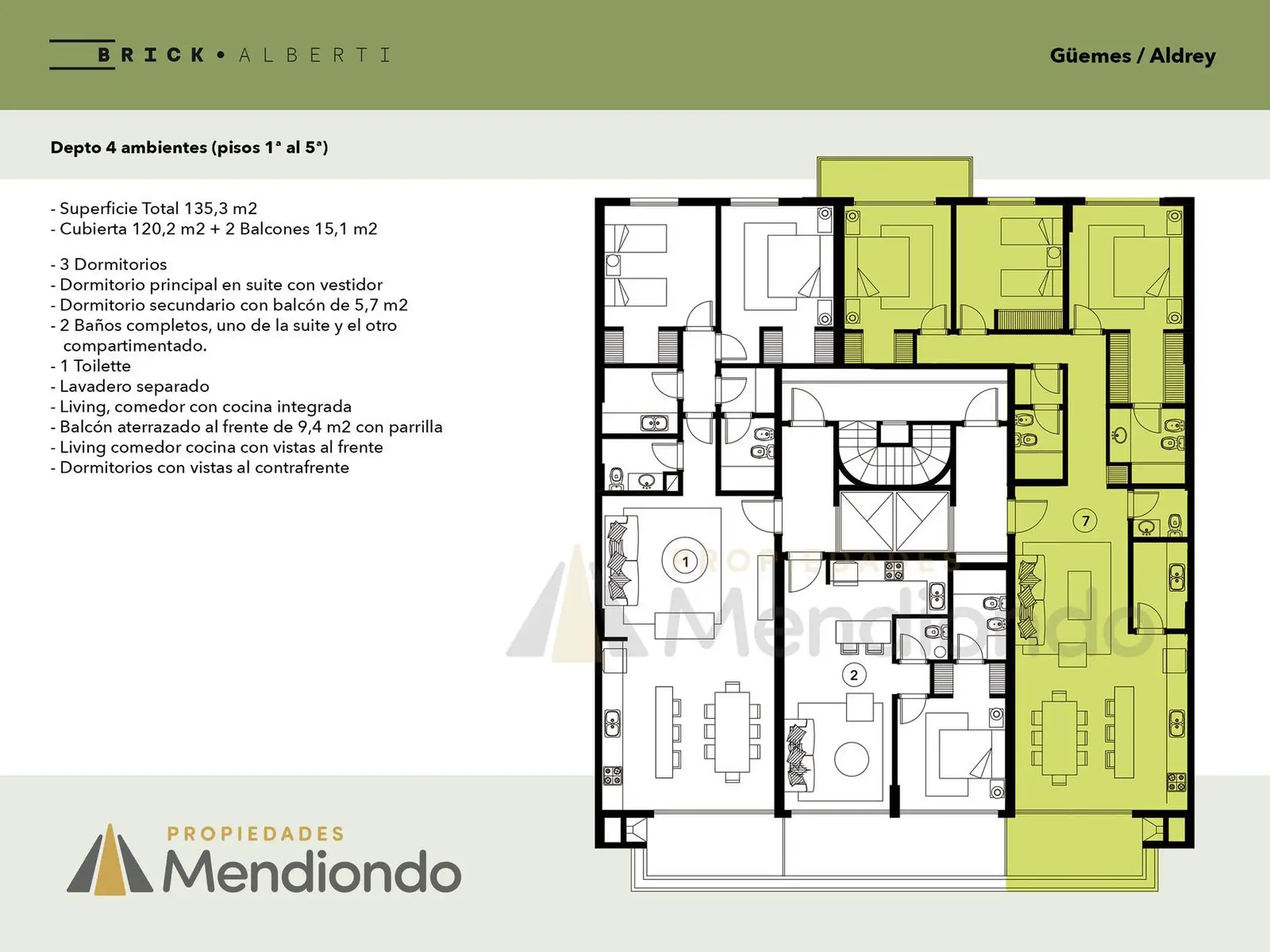 Depto 4 amb de 135m2 al frente con Balcón con parrilla - Zona Güemes Aldrey