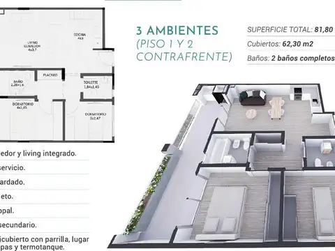Departamento en Venta de 3 ambientes