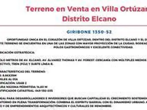 Lote en Venta Giribone 1350 / 8.66x36 / Ideal Desarrollo Residencial / Colegiales - Belgrano R