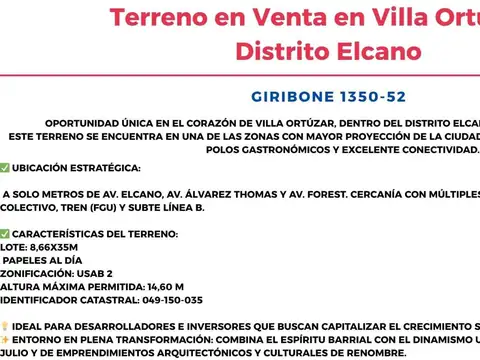 Terreno en Venta en Villa Ortuzar, USD 490.000