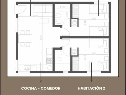 Departamento 3 ambientes con 2 baños