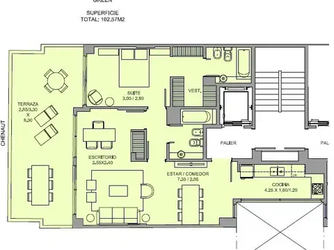 Departamento 2 ambientes con 2 baños