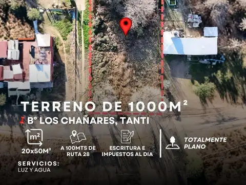 ESPECTACULAR TERRENO DE 1000M² A 100MTS DE RUTA 28, LOS CHAÑARES-TANTI