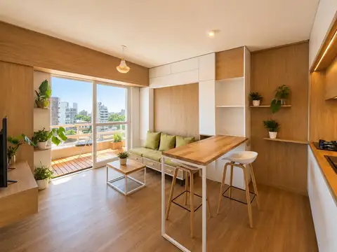 Alquiler - Monoambiente amoblado y reciclado en piso 8, balcón y vista despejada en Barrio Lourdes