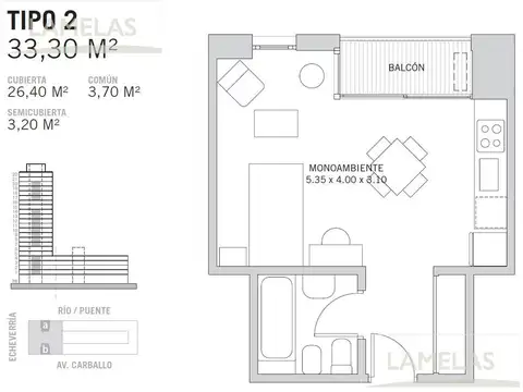 Departamento Monoambiente con 1 baño