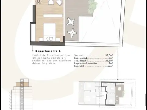 Departamento 2 ambientes con 1 baño