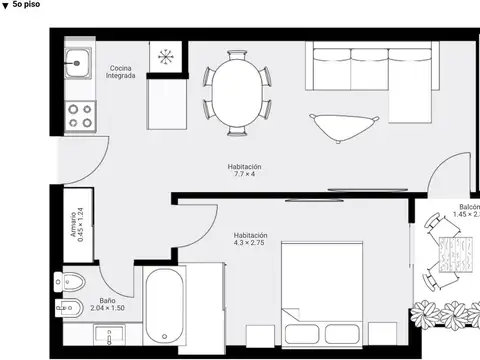 Departamento 2 ambientes con 1 baño