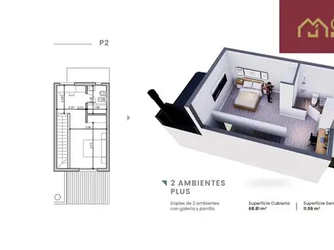 Departamento 2 ambientes con 1 baño