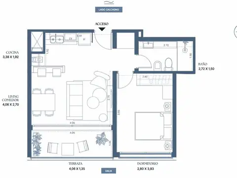 Apto 1 dorm con terraza, en pozo, Lago Calcagno