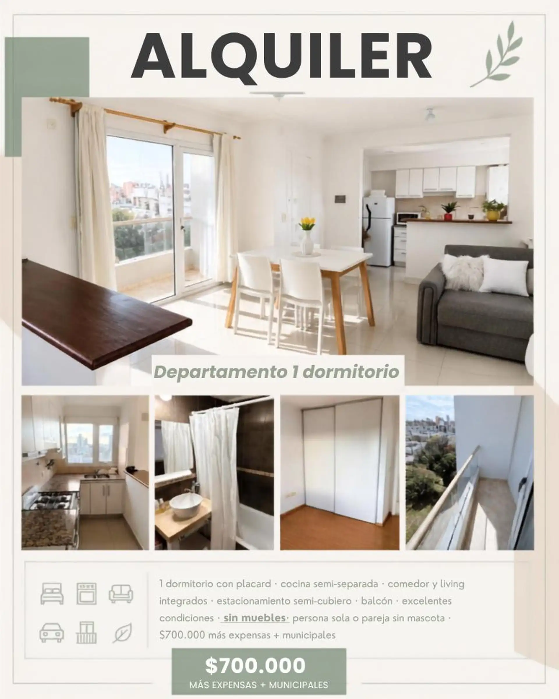 Departamento 1 dorm, 40m² con balcón y cochera — Centro