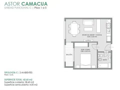 Departamento 2 ambientes con 1 baño