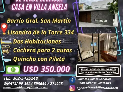 SE VENDE HERMOSA CASA DE 2 DORMITORIOS EN VILLA ÁNGELA 