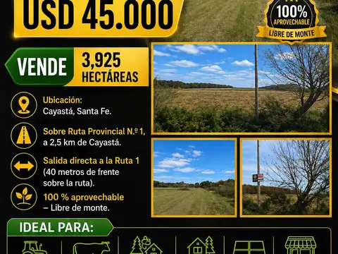 OPORTUNIDAD UNICA VENDE EN CAYASTA SANTA FE 3,2505 HECTAREAS AGRICOLAS. SE ACEPTA CAMIONETA