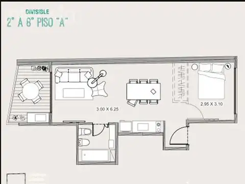 Departamento 2 ambientes con 1 baño